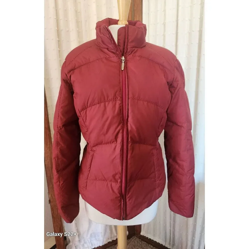 O18 Eddie Bauer Premium goose down quilted red puffer Decorative Stitch jacket